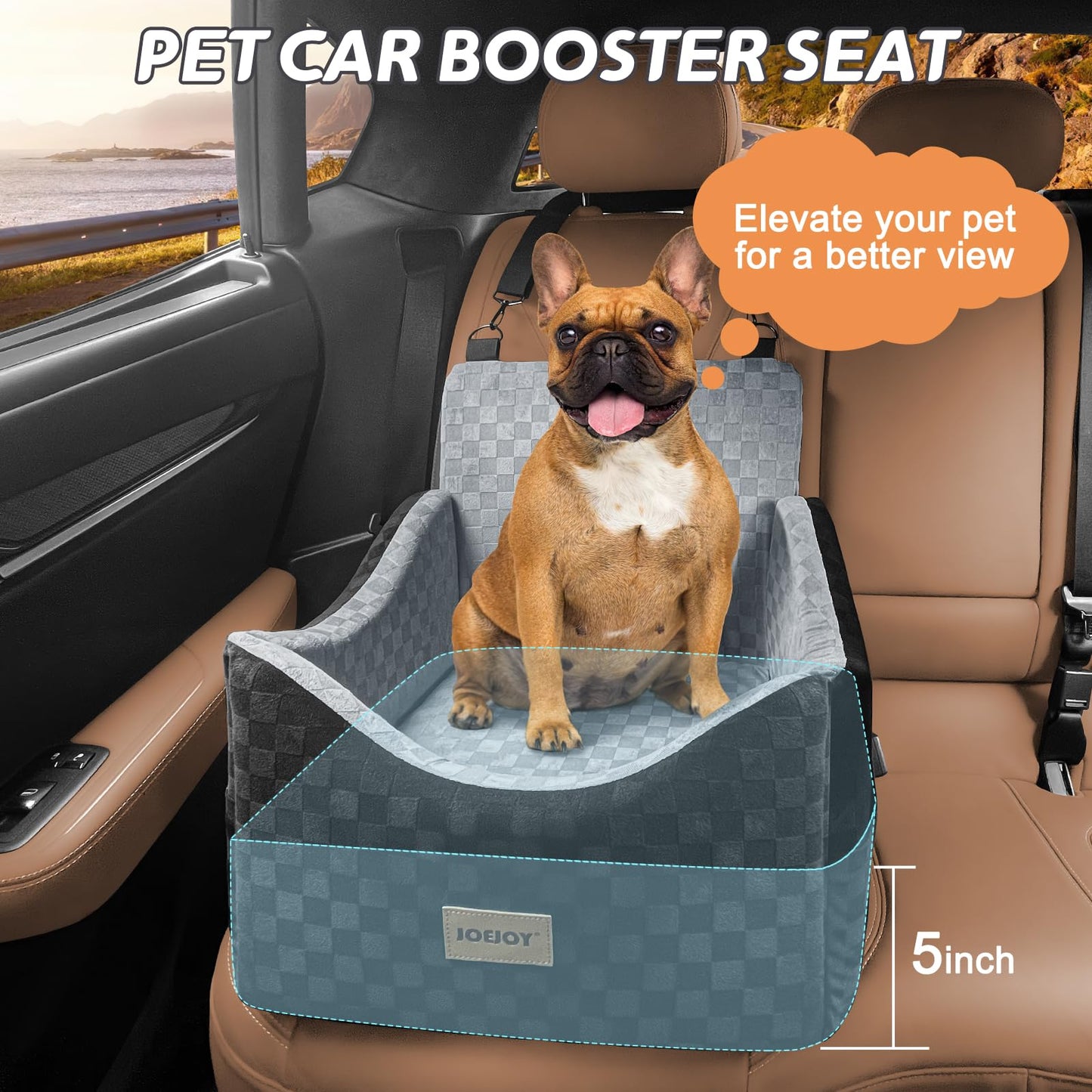 JOEJOY Elevated Dog Car Seat for Small/Medium Dogs up to 35 lbs, Memory Foam Pet Booster Seat with Detachable Washable Cover, Portable Travel-Safe Bed for Cars with Safety Belts and Storage Pockets