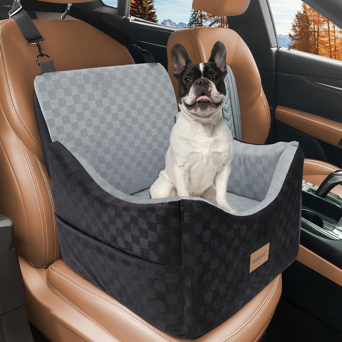 JOEJOY Elevated Dog Car Seat for Small/Medium Dogs up to 35 lbs, Memory Foam Pet Booster Seat with Detachable Washable Cover, Portable Travel-Safe Bed for Cars with Safety Belts and Storage Pockets