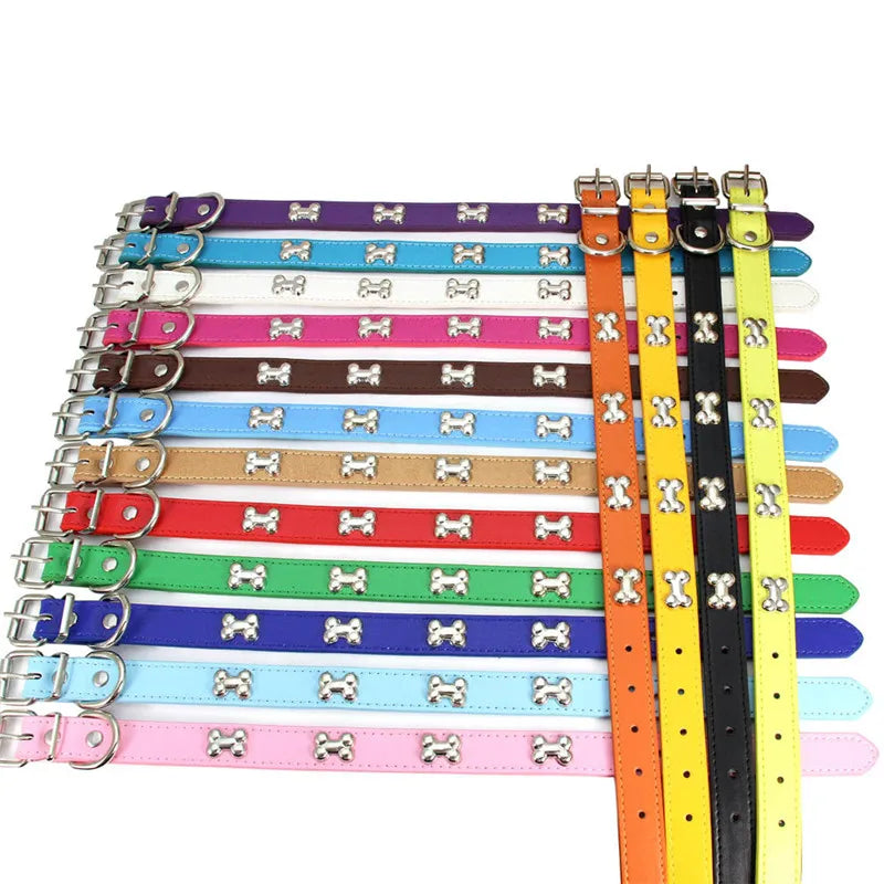 Bone Leather Durable Pet Dog Collars Puppy Pug Collars