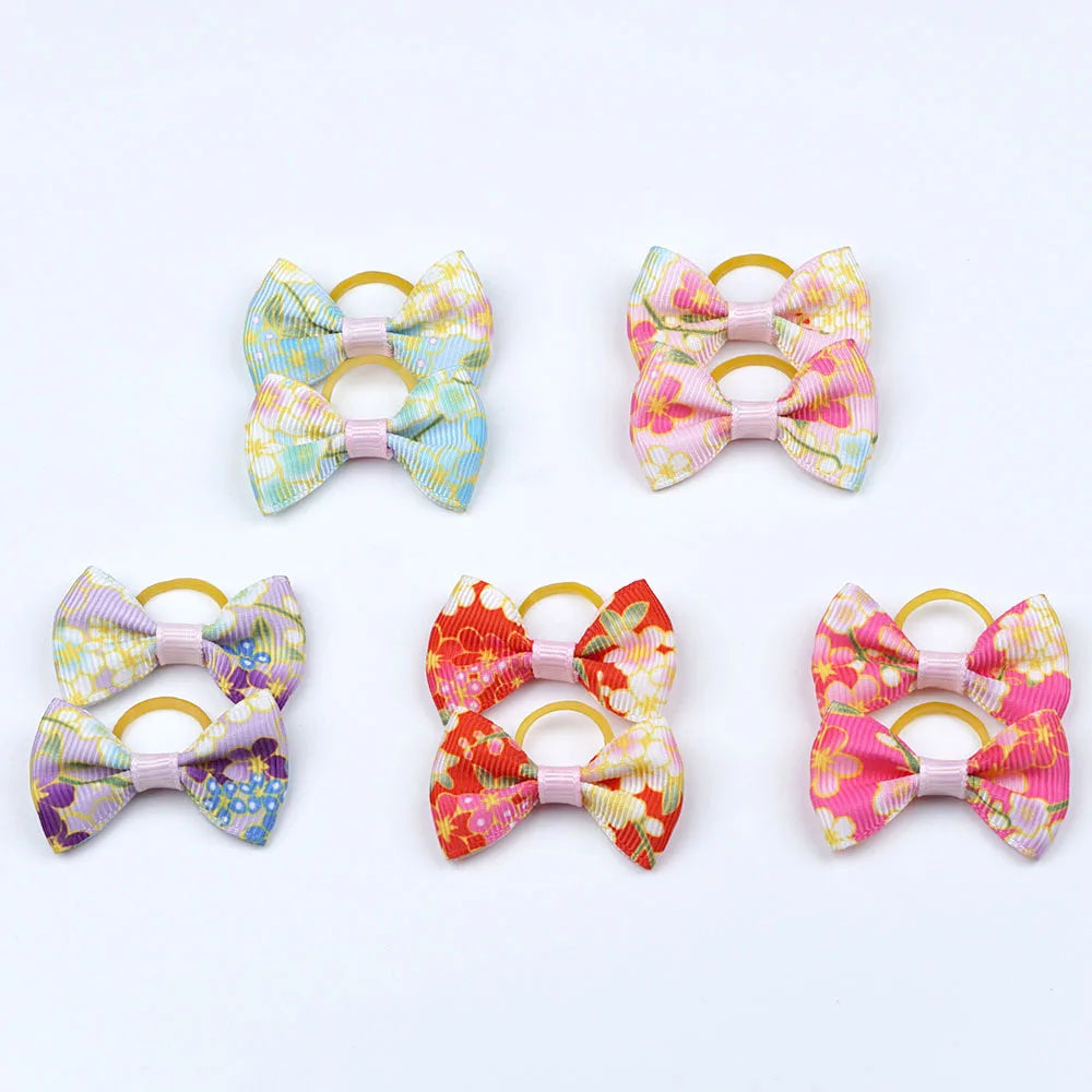 5 Pairs Small Dog Ribbon Bow Elastic Rubber Band