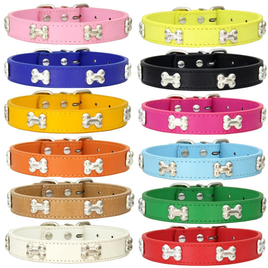 Bone Leather Durable Pet Dog Collars Puppy Pug Collars