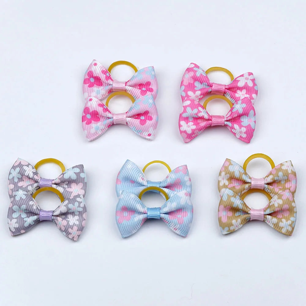 5 Pairs Small Dog Ribbon Bow Elastic Rubber Band