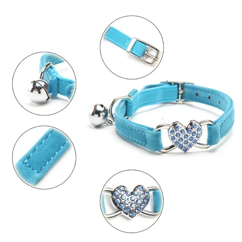 Small Dog Collar Heart Charm and Bell Cat Collar Safety Elastic