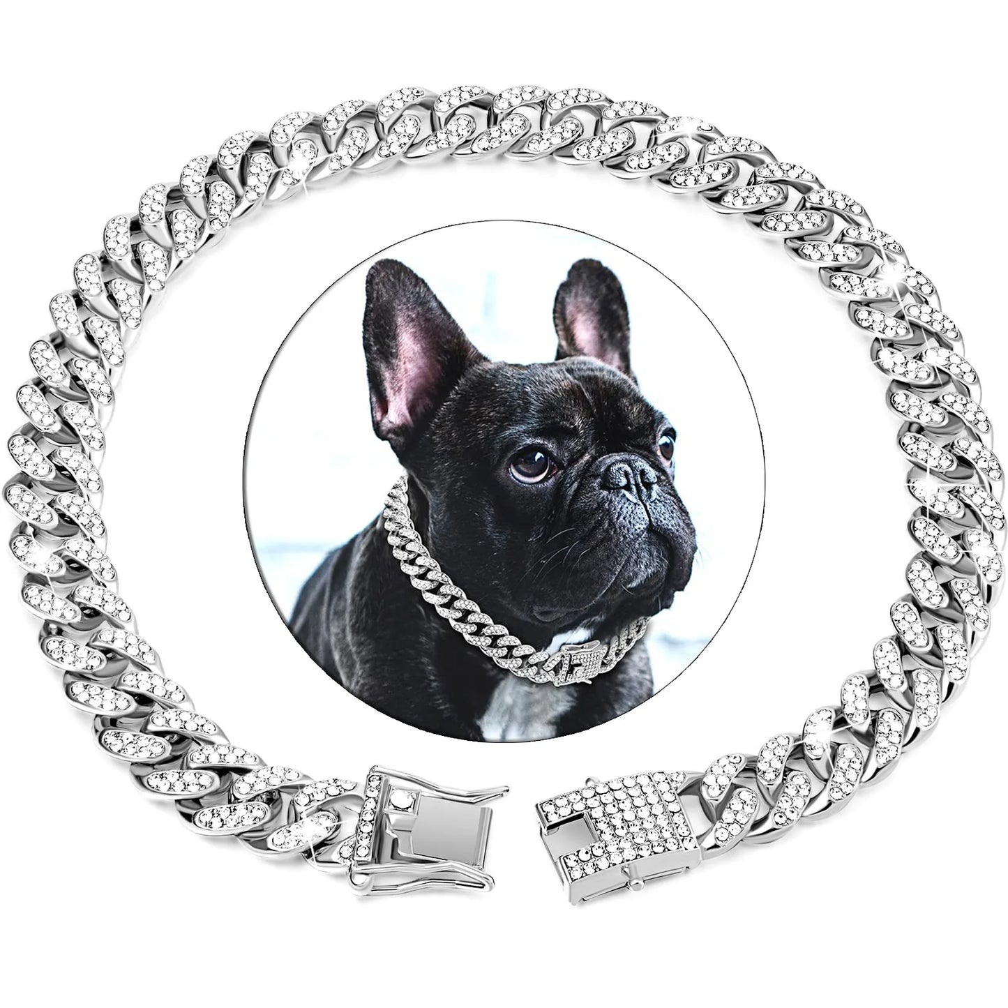 Pet Dog Collar , Cuban Chain Diamond Walking Metal