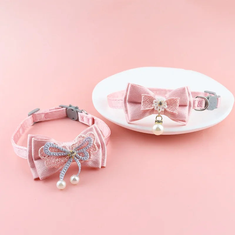 Pet Collar Pink Lace Bow Hanging Bead