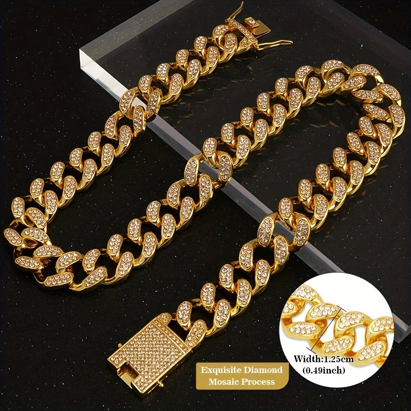 Pet Dog Collar , Cuban Chain Diamond Walking Metal