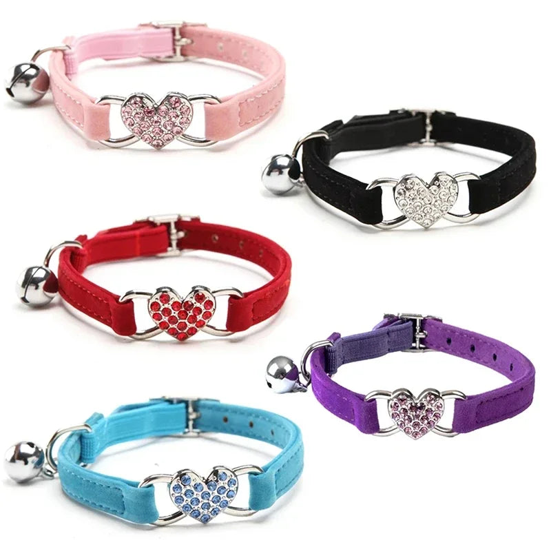 Small Dog Collar Heart Charm and Bell Cat Collar Safety Elastic