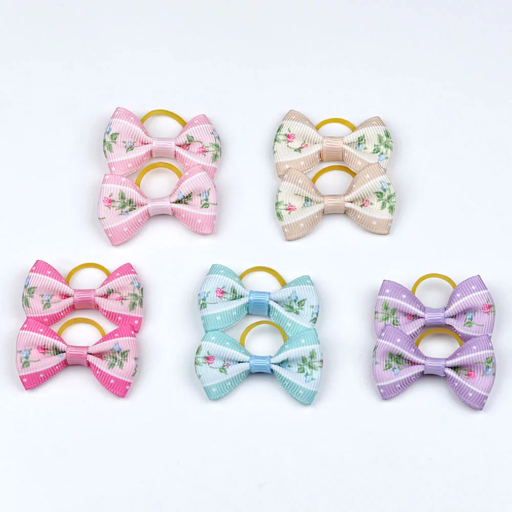 5 Pairs Small Dog Ribbon Bow Elastic Rubber Band