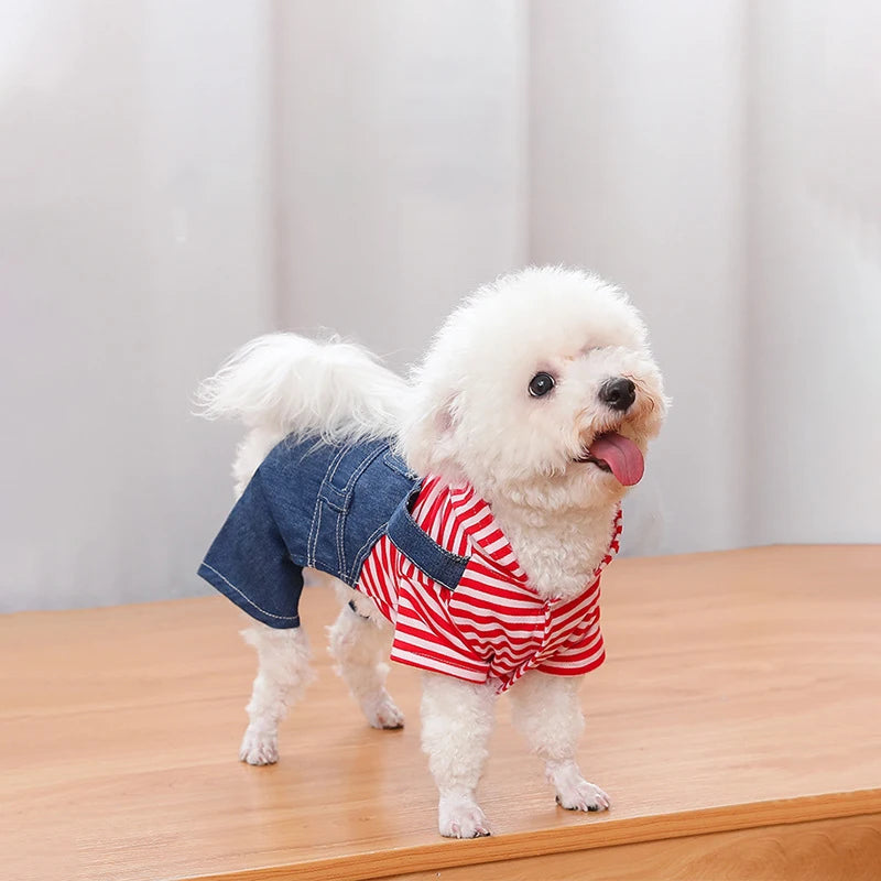 Pet Clothes Dog Cat Striped Plaid Jean Jumpsuit