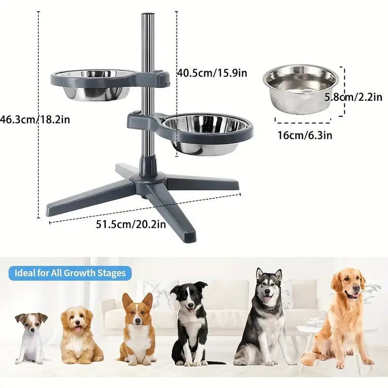 Adjustable Height Raised Pet Feeder with 2 Stainless Steel Bowls