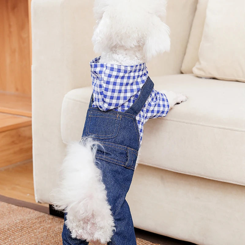 Pet Clothes Dog Cat Striped Plaid Jean Jumpsuit