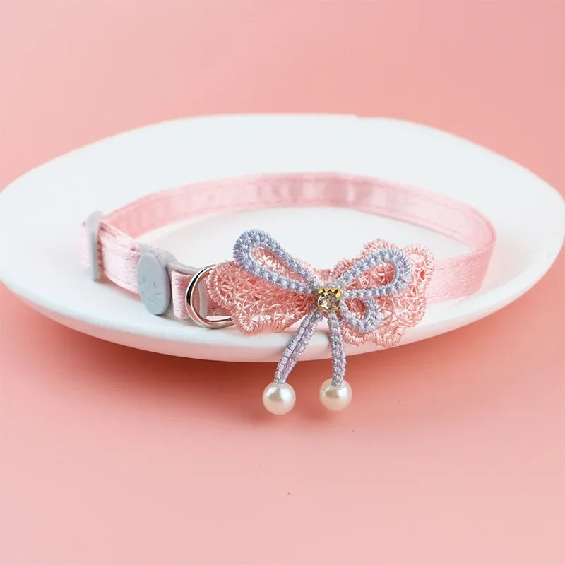 Pet Collar Pink Lace Bow Hanging Bead