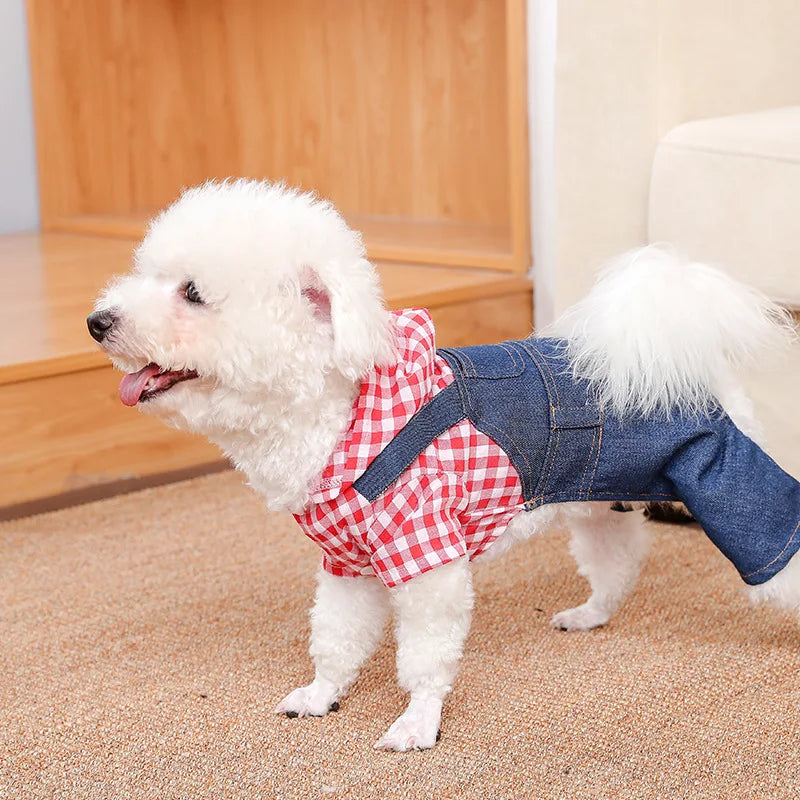 Pet Clothes Dog Cat Striped Plaid Jean Jumpsuit