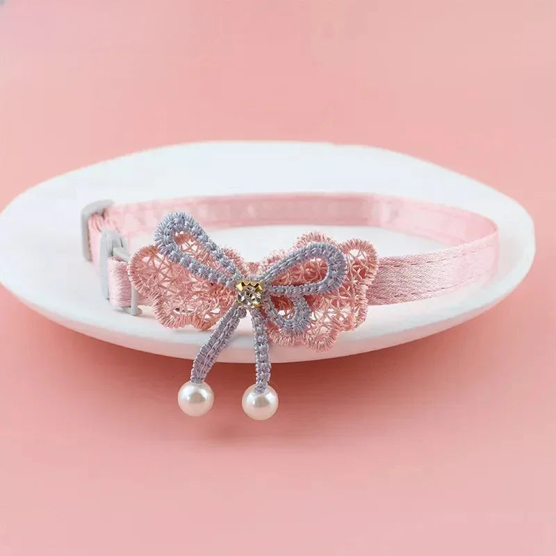 Pet Collar Pink Lace Bow Hanging Bead