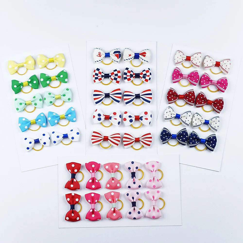 5 Pairs Small Dog Ribbon Bow Elastic Rubber Band