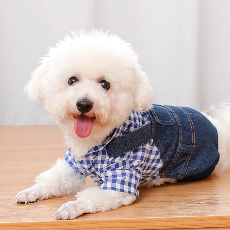 Pet Clothes Dog Cat Striped Plaid Jean Jumpsuit