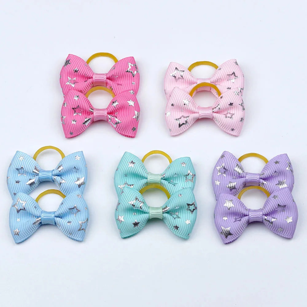 5 Pairs Small Dog Ribbon Bow Elastic Rubber Band