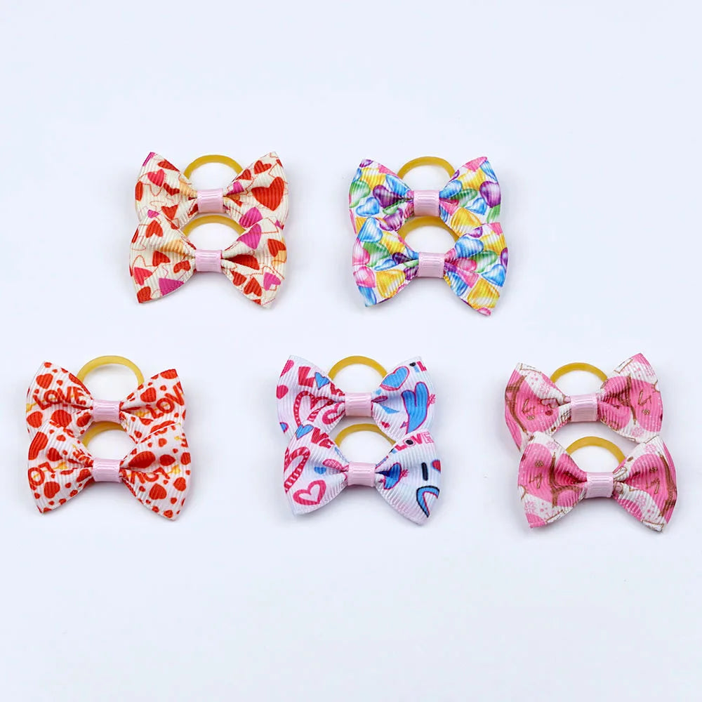 5 Pairs Small Dog Ribbon Bow Elastic Rubber Band