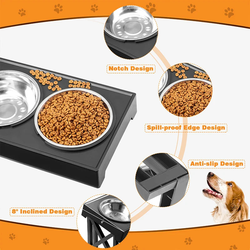 Dogs Double Bowls Stand 3 Adjustable Height