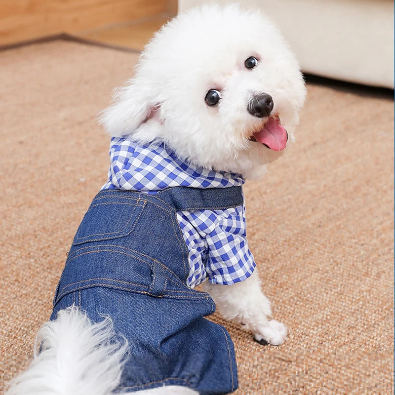 Pet Clothes Dog Cat Striped Plaid Jean Jumpsuit