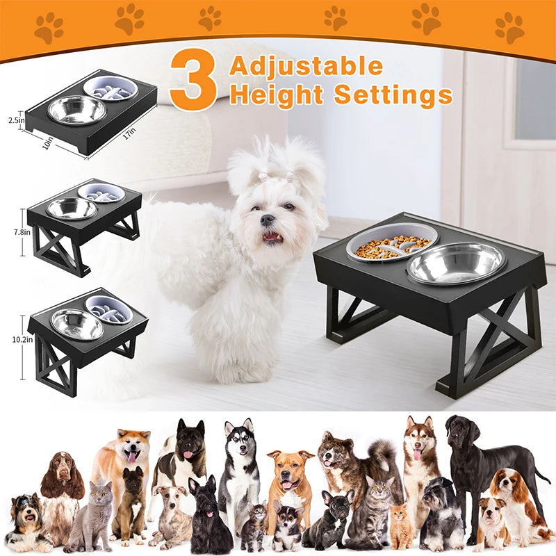 Dogs Double Bowls Stand 3 Adjustable Height