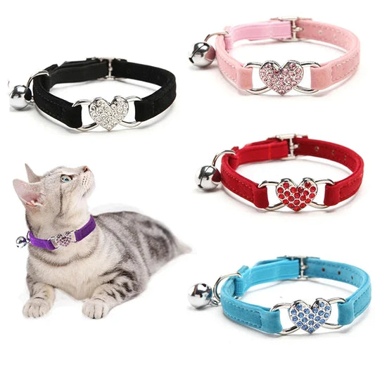 Small Dog Collar Heart Charm and Bell Cat Collar Safety Elastic