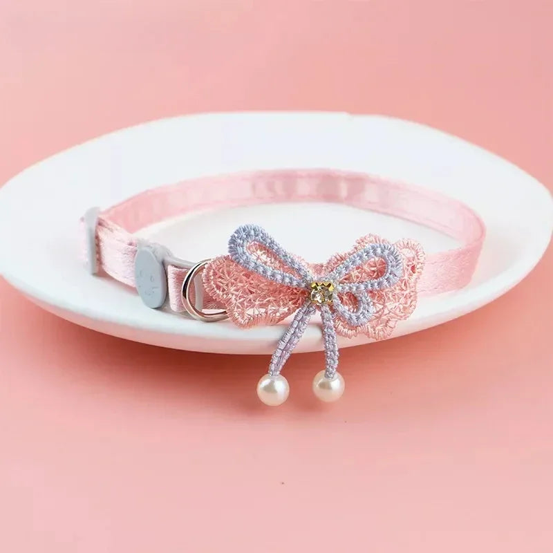 Pet Collar Pink Lace Bow Hanging Bead