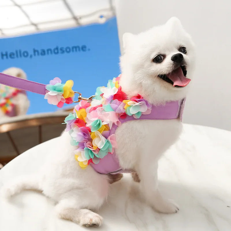 Pets Harness Leash Flower Decoration