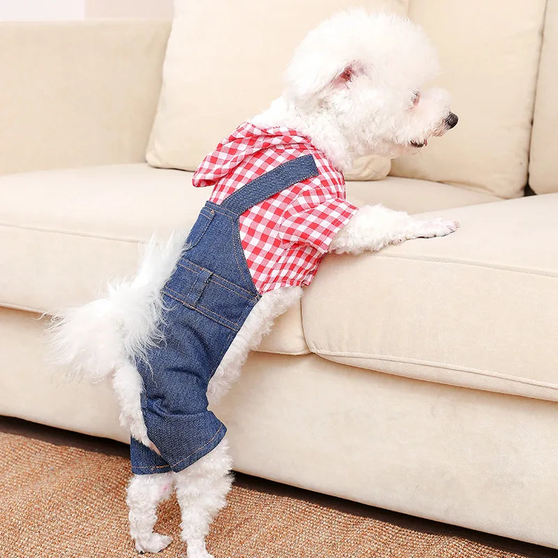 Pet Clothes Dog Cat Striped Plaid Jean Jumpsuit