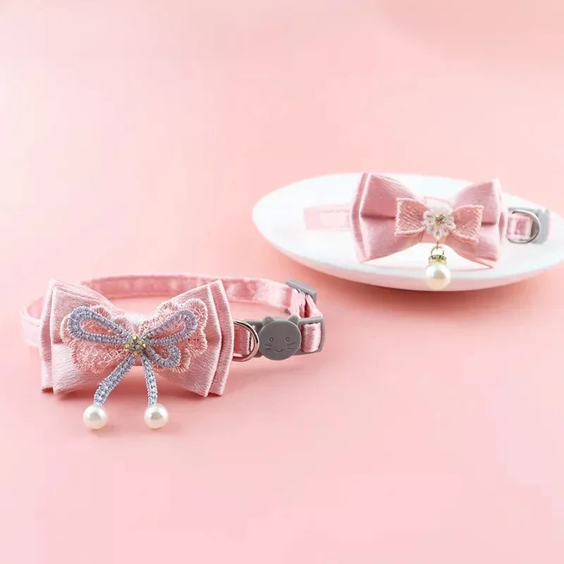 Pet Collar Pink Lace Bow Hanging Bead