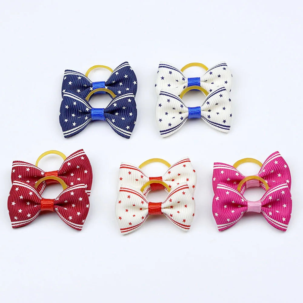 5 Pairs Small Dog Ribbon Bow Elastic Rubber Band