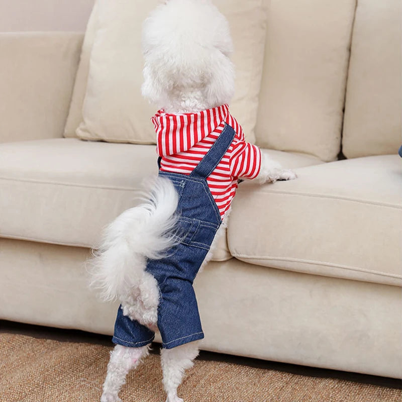 Pet Clothes Dog Cat Striped Plaid Jean Jumpsuit